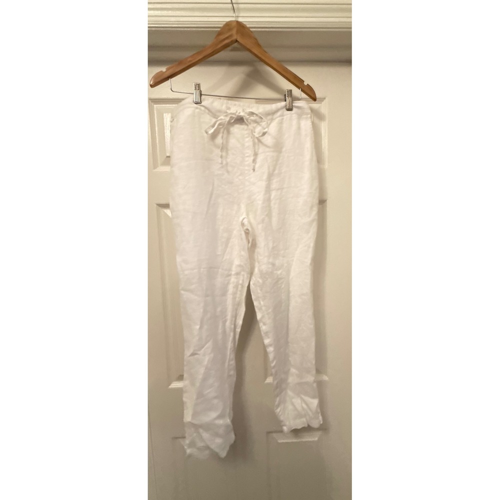 IXIMO Linen Pants Women Medium White Elastic Drawstring Straight Leg Trousers